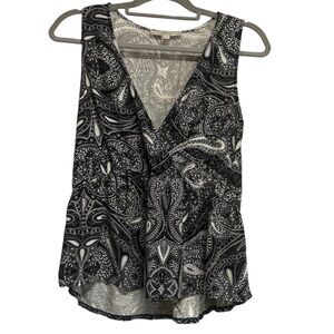 Loft Women’s V Neck Sleeveless Paisley Top Black And White XS Sheer
